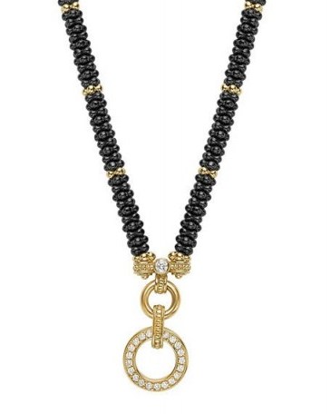 Lagos Circle Game Black Caviar Rope Necklace with Diamonds - flipped