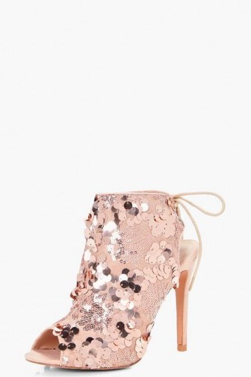 boohoo Layla Sequin Detailed Peeptoe Shoe Boot – blush-pink peep toe booties – party shoes – going out high heels - flipped