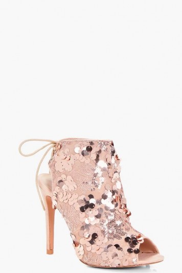 boohoo Layla Sequin Detailed Peeptoe Shoe Boot – blush-pink peep toe booties – party shoes – going out high heels
