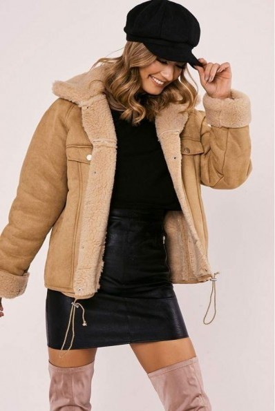 IN THE STYLE LAYNIE TAN FAUX SUEDE SHEARLING LINED JACKET ~ light brown winter jackets - flipped