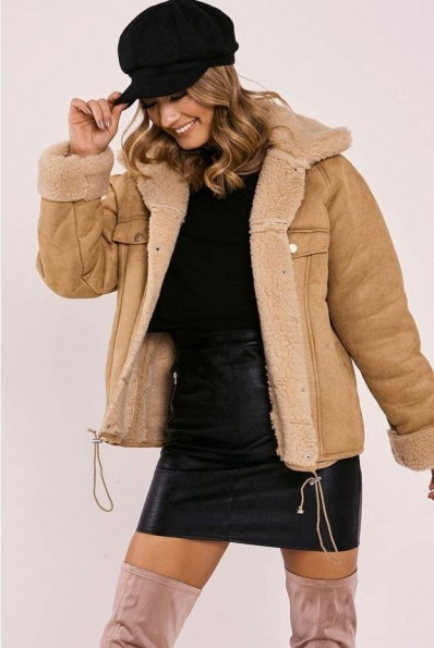 IN THE STYLE LAYNIE TAN FAUX SUEDE SHEARLING LINED JACKET ~ light brown winter jackets
