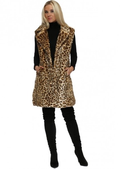 FRENCH BOUTIQUE Leopard Print Premium Faux Fur Long Gilet ~ animal print gilets ~ sleeveless jackets - flipped