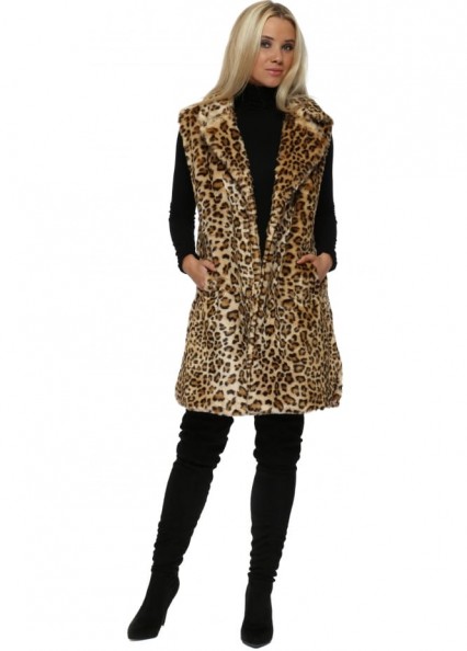 FRENCH BOUTIQUE Leopard Print Premium Faux Fur Long Gilet ~ animal print gilets ~ sleeveless jackets