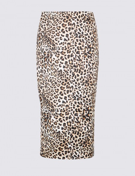 PER UNA New Leopard Print Satin Pencil Midi Skirt / straight animal print skirts / Marks and Spencer fashion