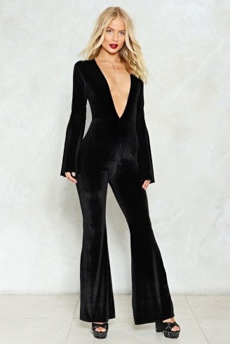 NASTY GAL Let Your Guard Down Velvet Jumpsuit – black flared plunge front jumpsuits – party fashion – going out - flipped