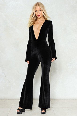 NASTY GAL Let Your Guard Down Velvet Jumpsuit – black flared plunge front jumpsuits – party fashion – going out