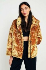 Light Before Dark Gold Velvet Pillow Puffer Jacket ~ luxe style winter jackets