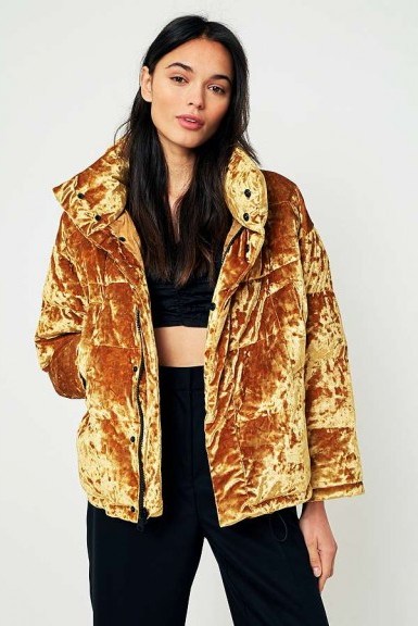 Light Before Dark Gold Velvet Pillow Puffer Jacket ~ luxe style winter jackets - flipped