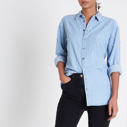 River Island Light blue denim faux pearl embellished shirt | casual luxe shirts - flipped