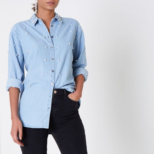 River Island Light blue denim faux pearl embellished shirt | casual luxe shirts