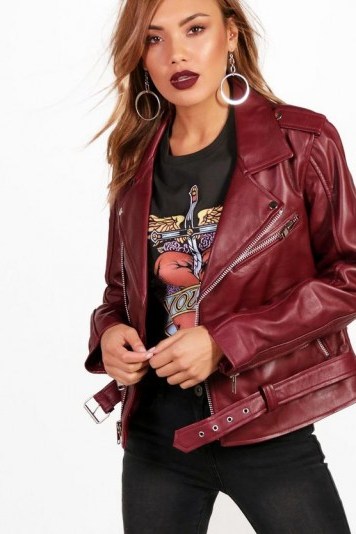 boohoo Lily Leather Biker Jacket – burgundy jackets - flipped