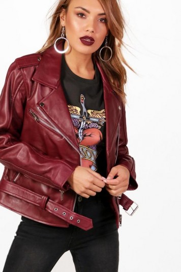 boohoo Lily Leather Biker Jacket – burgundy jackets