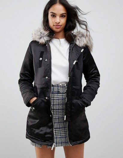 Lipsy Satin Parka With Velvet Trim And Faux Fur Hood | black winter coats - flipped