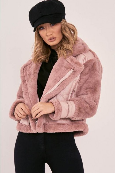 IN THE STYLE LIZANN PINK FAUX FUR LINED AVIATOR JACKET