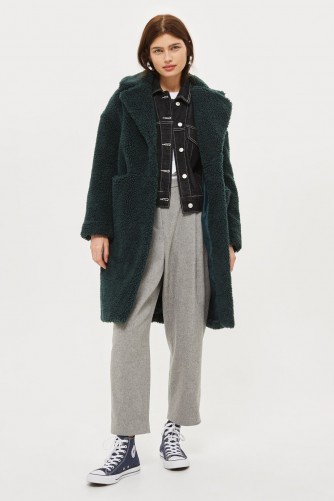 TOPSHOP Longline Borg Coat – dark green winter coats
