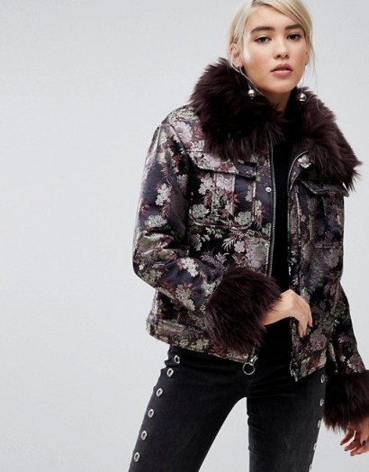 Lost Ink Jacket In Metallic Brocade With Faux Fur Trim ~ luxe winter jackets - flipped