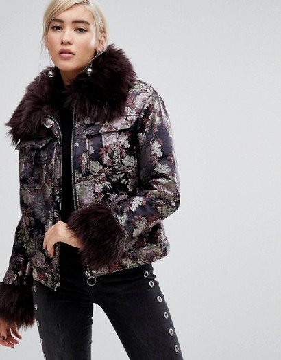 Lost Ink Jacket In Metallic Brocade With Faux Fur Trim ~ luxe winter jackets