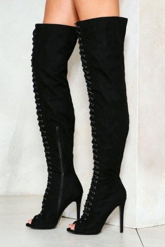 NASTY GAL Love is in Control Over-the-Knee Vegan Suede Boot – long black lace up front peep toe boots - flipped