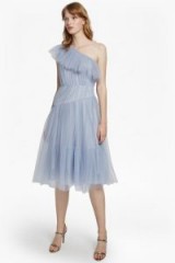 FRENCH CONNECTION LUNA SPARKLE ONE SHOULDER FLARED DRESS CLOUD MIST | sky-blue ruched party dresses