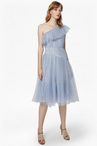 FRENCH CONNECTION LUNA SPARKLE ONE SHOULDER FLARED DRESS CLOUD MIST | sky-blue ruched party dresses - flipped