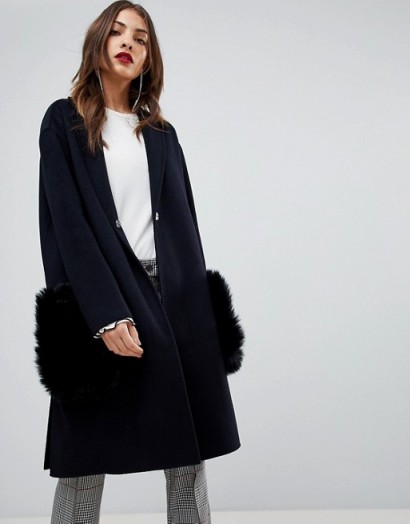 Mango Faux Fur Pocket Over Coat – navy statement coats
