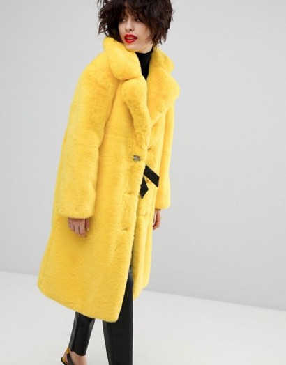 Mango Faux Fur Tonal Coat – yellow winter coats – cosy glamour