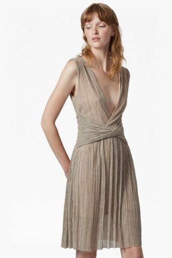 FRENCH CONNECTION MARCELLE SHIMMER JERSEY V NECK DRESS | gold plunge front occasion dresses - flipped