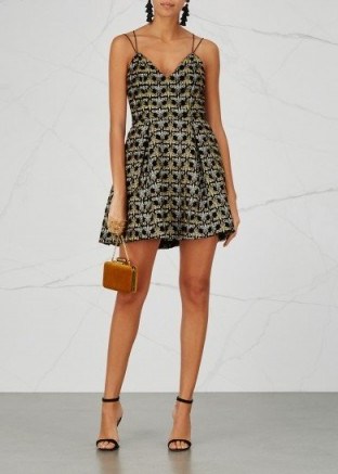 ALICE + OLIVIA Marilla metallic-embroidered velvet dress ~ strappy fit and flare party dresses - flipped