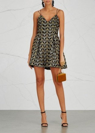 ALICE + OLIVIA Marilla metallic-embroidered velvet dress ~ strappy fit and flare party dresses
