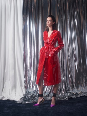 ATTICO Marla belted coated trench coat – red glossy wrap style macs – stylish rainwear