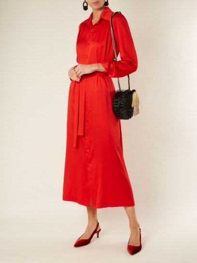 DOVIMA PARIS Mason waist-tie stretch-silk satin shirtdress ~ chic red shirt dresses - flipped