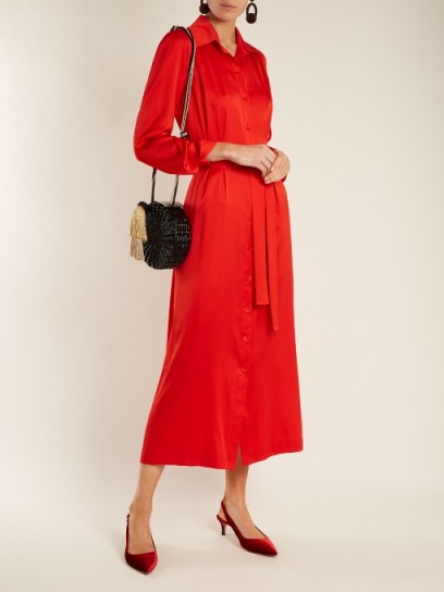 DOVIMA PARIS Mason waist-tie stretch-silk satin shirtdress ~ chic red shirt dresses
