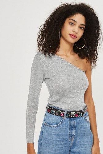 TOPSHOP Metal Yarn One Sleeve Jumper ~ silver one shoulder party tops - flipped