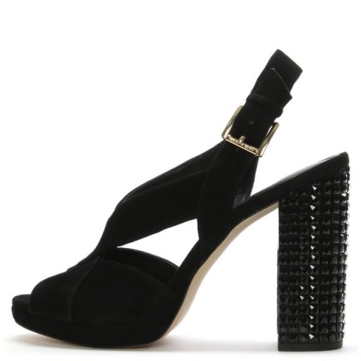MICHAEL KORS Becky Black Suede Embellished Heel Sandals – cross front party shoes – block high heels - flipped