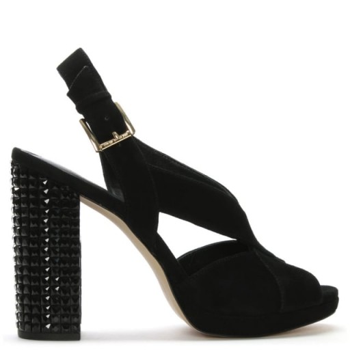 MICHAEL KORS Becky Black Suede Embellished Heel Sandals – cross front party shoes – block high heels