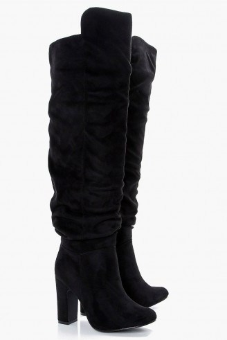boohoo Millie Slouchy Block Heel Over the Knee – long black slouch boots - flipped
