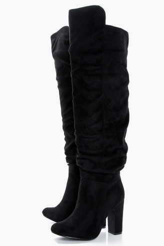 boohoo Millie Slouchy Block Heel Over the Knee – long black slouch boots