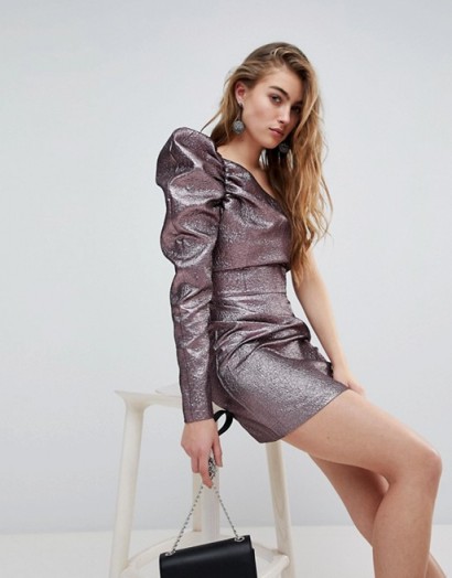 Miss Selfridge Asymmetric Puff Sleeve Dress – purple metallic party dresses – one shoulder – glam fashion