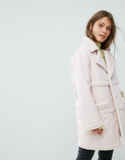 Miss Selfridge Exclusive Reversible Faux Shearling Coat | pale pink winter coats | luxe style outerwear - flipped