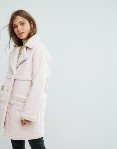 Miss Selfridge Exclusive Reversible Faux Shearling Coat | pale pink winter coats | luxe style outerwear
