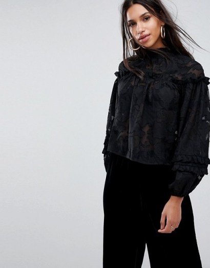 Missguided High Neck Embroidered Top | romantic ruffle tops | black frill blouses - flipped