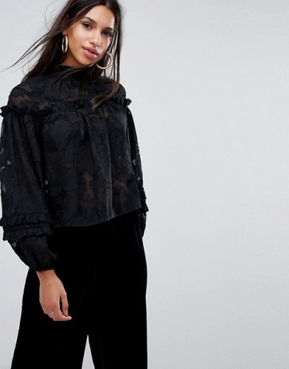 Missguided High Neck Embroidered Top | romantic ruffle tops | black frill blouses