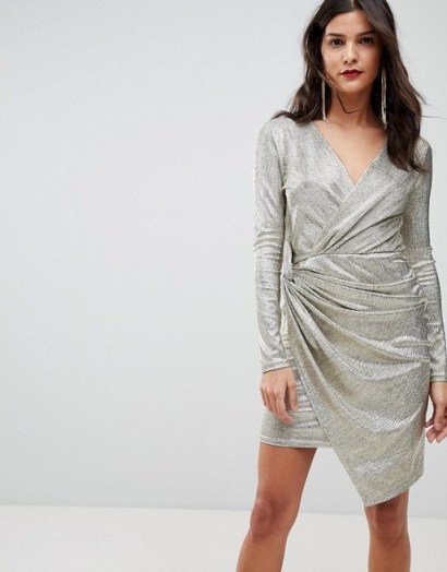 Morgan Wrap Front Mini Dress | metallic gold asymmetric party dresses - flipped