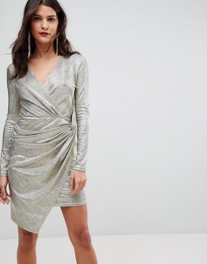 Morgan Wrap Front Mini Dress | metallic gold asymmetric party dresses