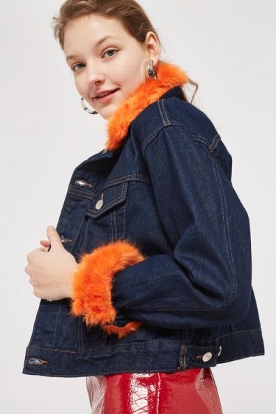 Topshop MOTO Orange Faux Fur Trim Denim Jacket - flipped