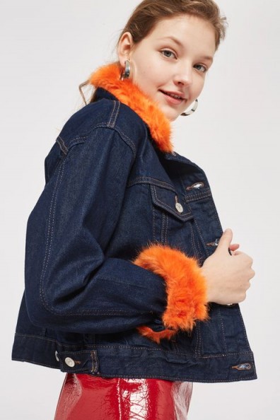 Topshop MOTO Orange Faux Fur Trim Denim Jacket