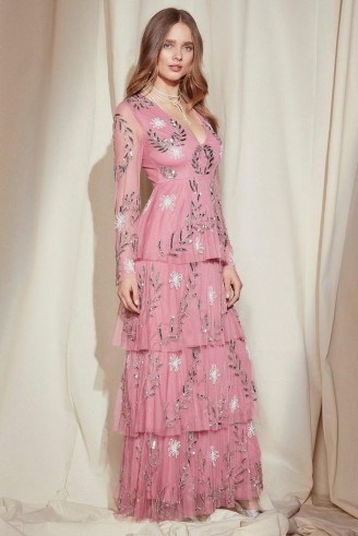 Nasty Gal Studio Billie Embellished Maxi Dress – rose pink occasion dresses – long tiered evening dresses - flipped