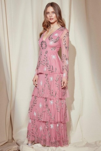Nasty Gal Studio Billie Embellished Maxi Dress – rose pink occasion dresses – long tiered evening dresses