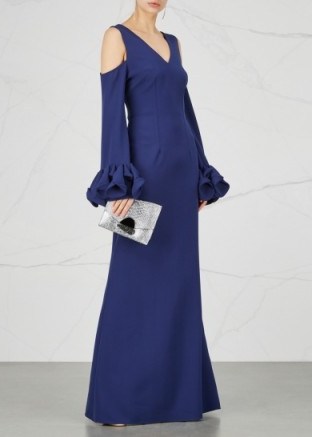 SAFIYAA Navy open-shoulder gown ~ blue ruffle cuff cold shoulder gowns ~ Christmas event - flipped