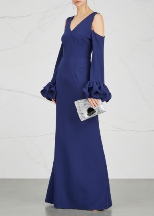 SAFIYAA Navy open-shoulder gown ~ blue ruffle cuff cold shoulder gowns ~ Christmas event